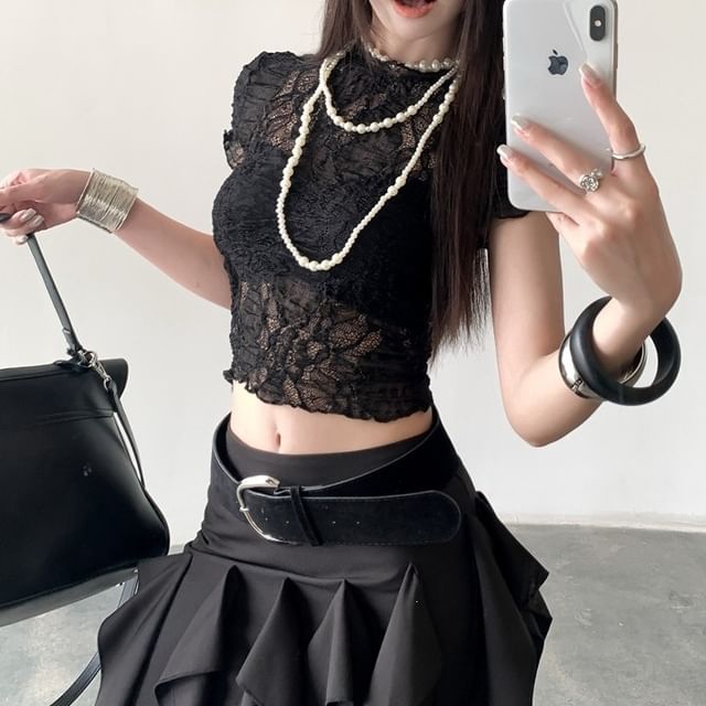 Crew Neck Lace See-Through Crop Tee