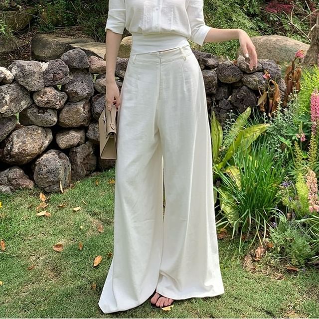 V-Neck Collared Tie Back Crop Blouse & Wide Leg Pants Set