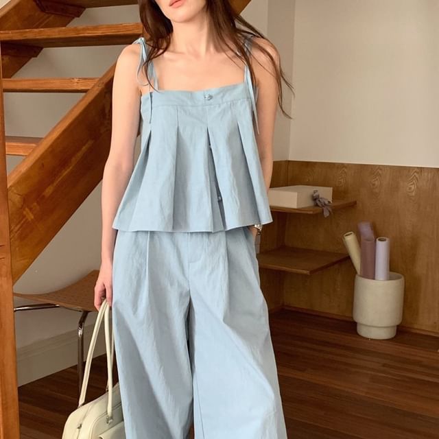 Pleated Flowy Crop Camisole & Wide Leg Pants Set