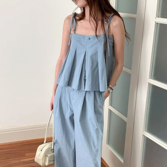 Pleated Flowy Crop Camisole & Wide Leg Pants Set