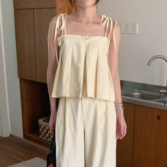Pleated Flowy Crop Camisole & Wide Leg Pants Set