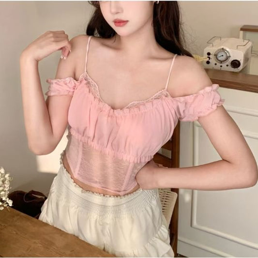 Ruffle Trim Cold Shoulder Lace Crop Top