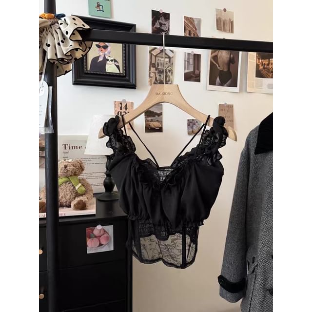 Ruffle Trim Cold Shoulder Lace Crop Top