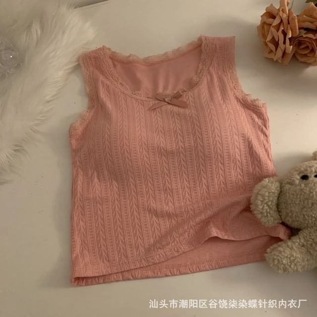 Scoop Neck Textured Lace Trim Top