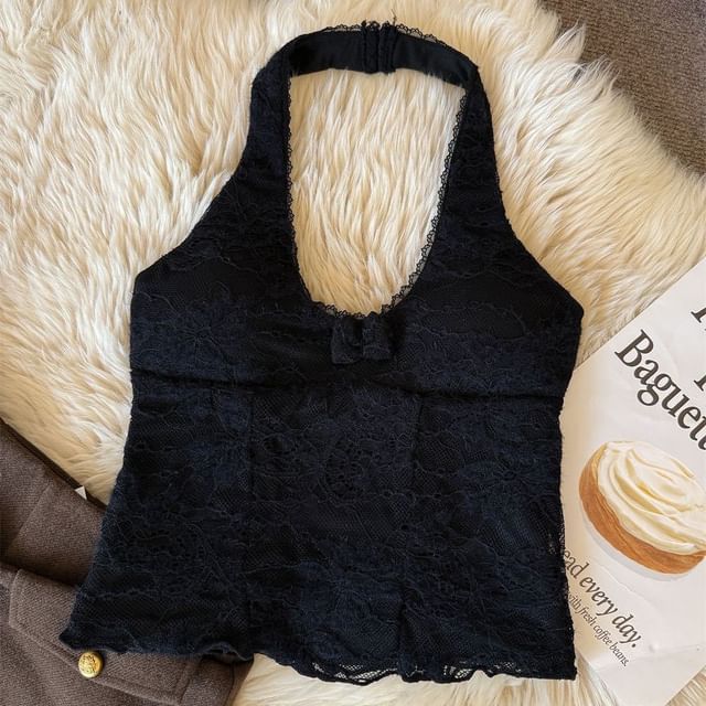 Halter Scoop Neck Lace Panel Top