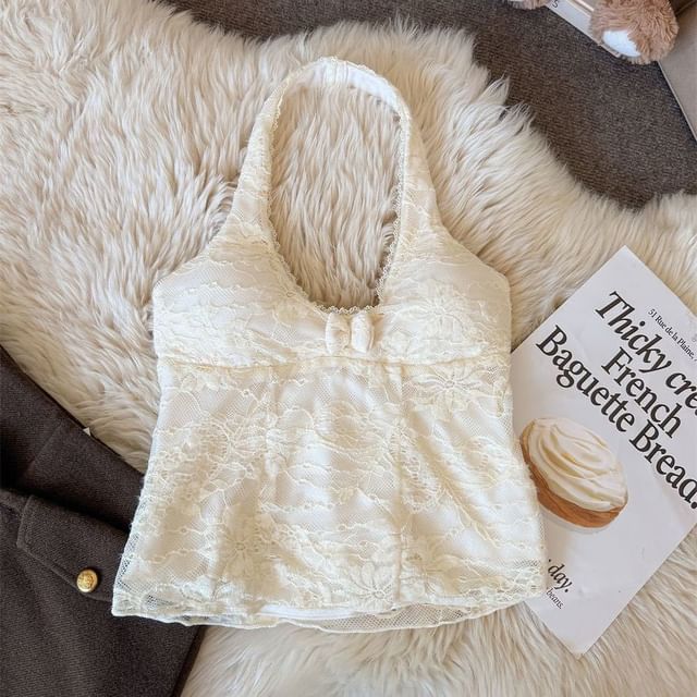 Halter Scoop Neck Lace Panel Top