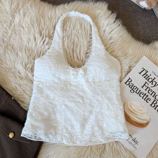 Halter Scoop Neck Lace Panel Top