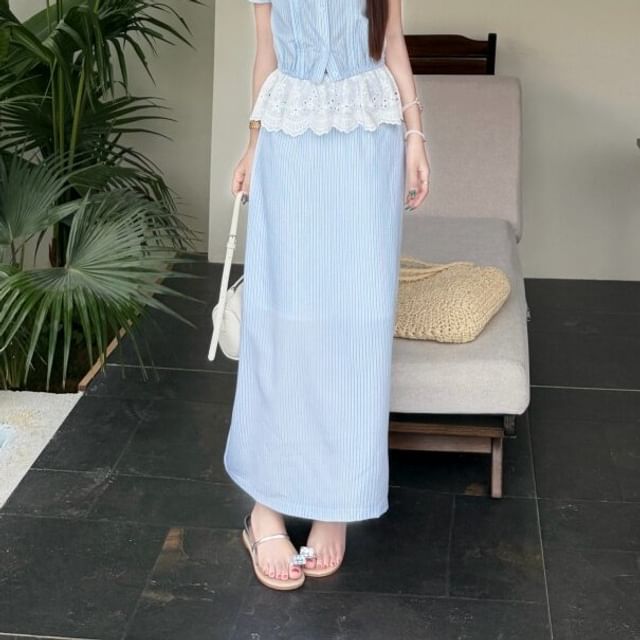 Contrast Collar Striped Shirt & Eyelet Ruffle A-Line Skirt Set