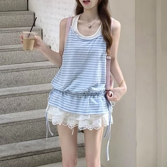 Halter Top & Striped Drawstring Camisole Set