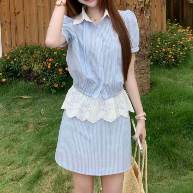 Contrast Collar Striped Shirt & Eyelet Ruffle A-Line Skirt Set