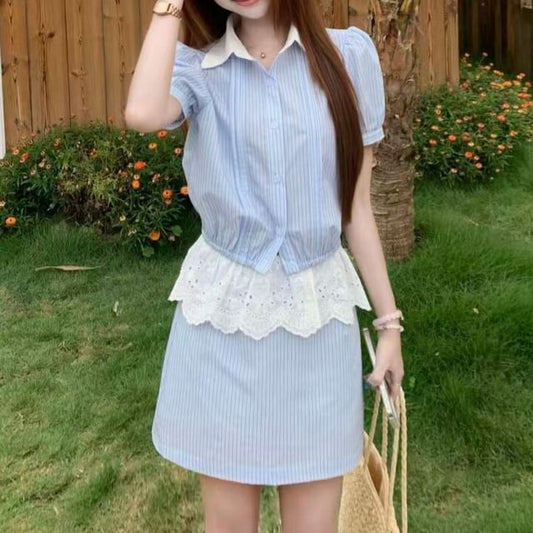 Contrast Collar Striped Shirt & Eyelet Ruffle A-Line Skirt Set
