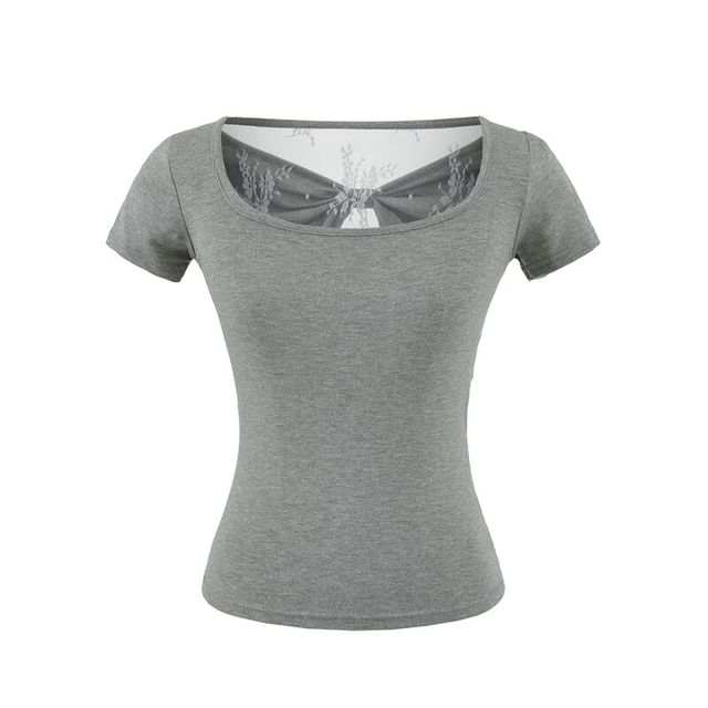 Square Neck Lace Trim Short Sleeve Top