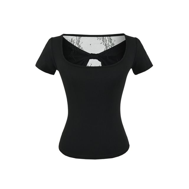 Square Neck Lace Trim Short Sleeve Top