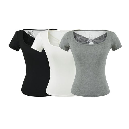 Square Neck Lace Trim Short Sleeve Top
