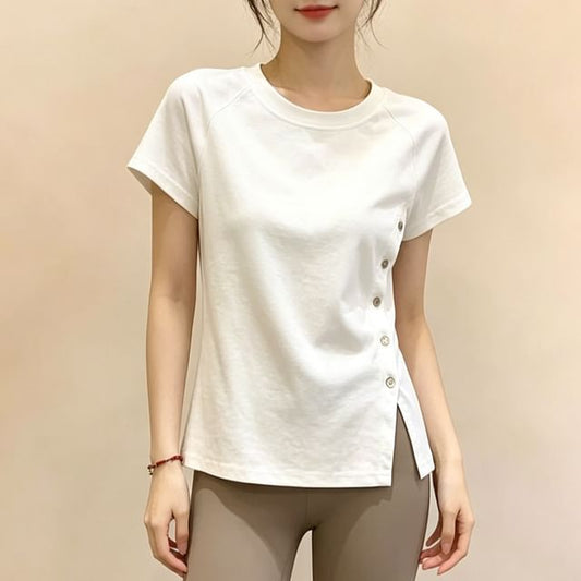 Side Button Crewneck Short Sleeve Crop Tee
