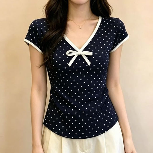 Polka Dot V-Neck Short Sleeve Crop Tee