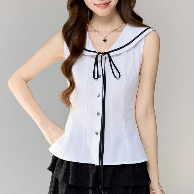 Sailor Collar Contrast Trim Sleeveless Crop Shirt