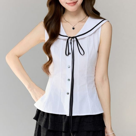 Sailor Collar Contrast Trim Sleeveless Crop Shirt