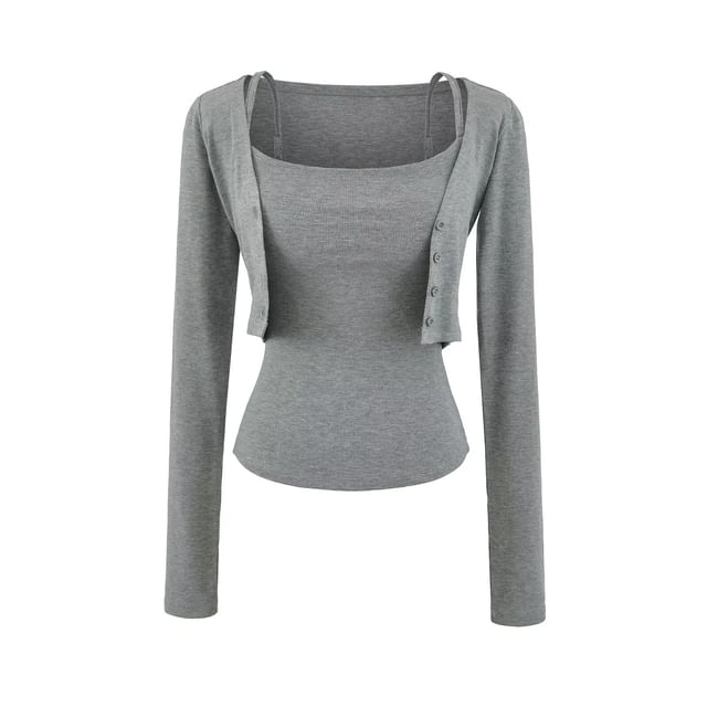 Crop Cardigan Set: Scoop Neck Camisole & Button-Up