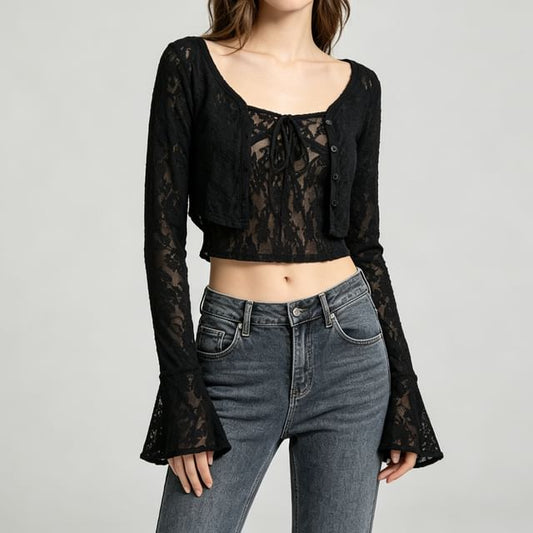 Lace Camisole & Bell-Sleeved Crop Cardigan Set