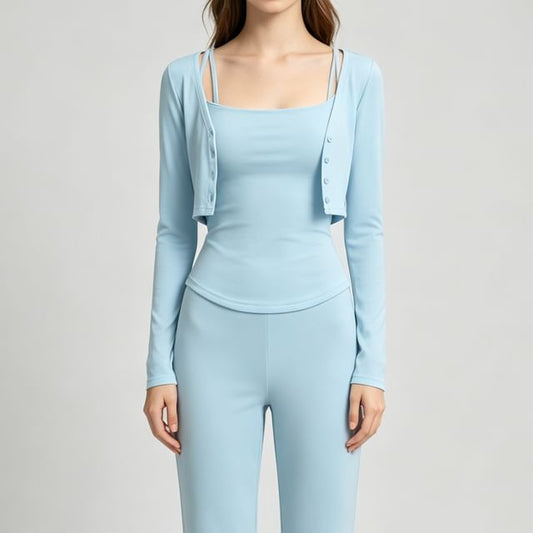 Crop Cardigan Set: Scoop Neck Camisole & Button-Up