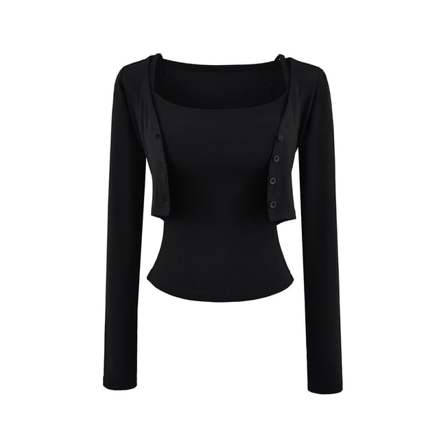 Crop Cardigan Set: Scoop Neck Camisole & Button-Up