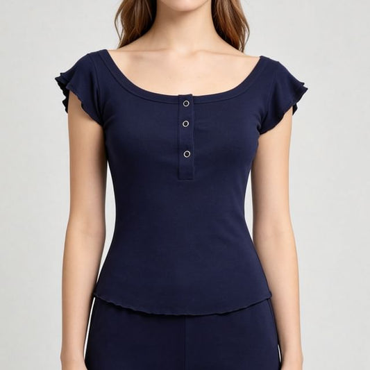 Square Neck Henley Cap-Sleeve Tee