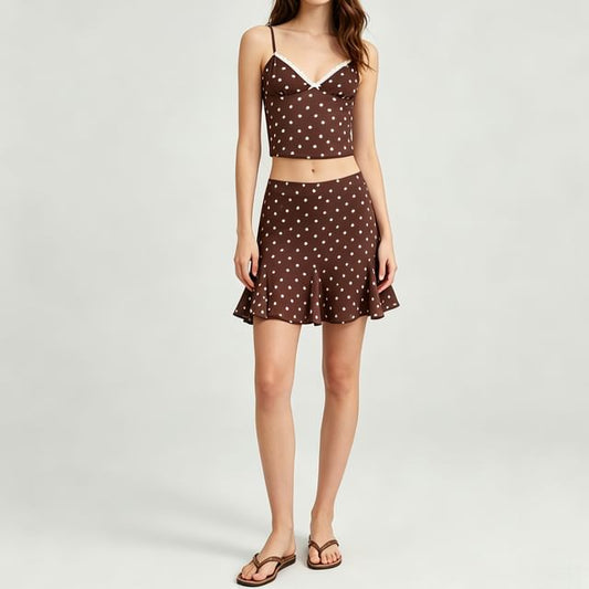 Mermaid Mini Skirt Set: Patterned V-Neck Camisole & High-Waist