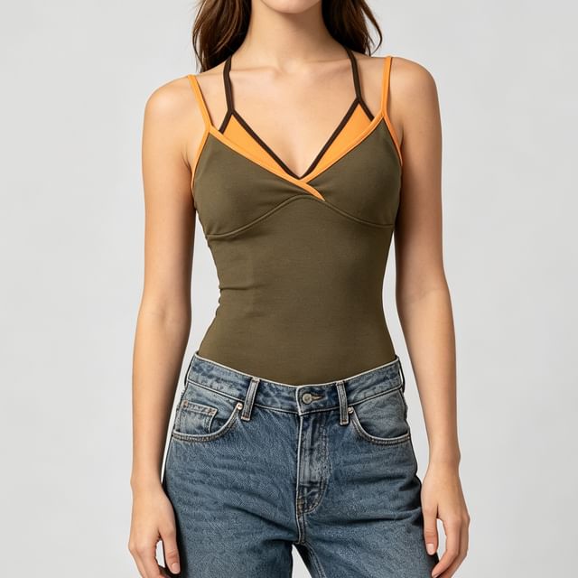 Mock Two-Piece Contrast Trim V-Neck Camisole