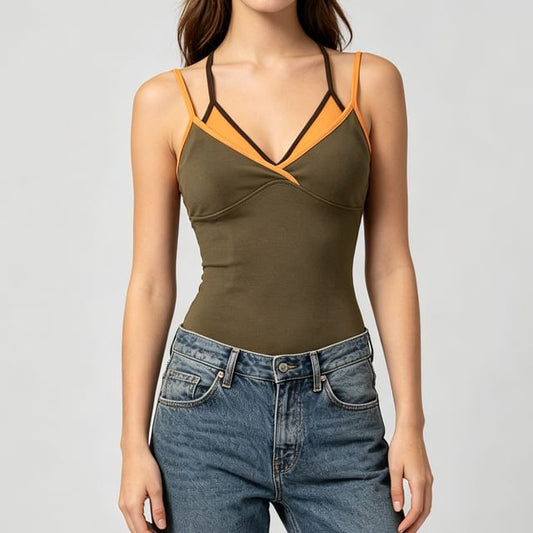 Mock Two-Piece Contrast Trim V-Neck Camisole