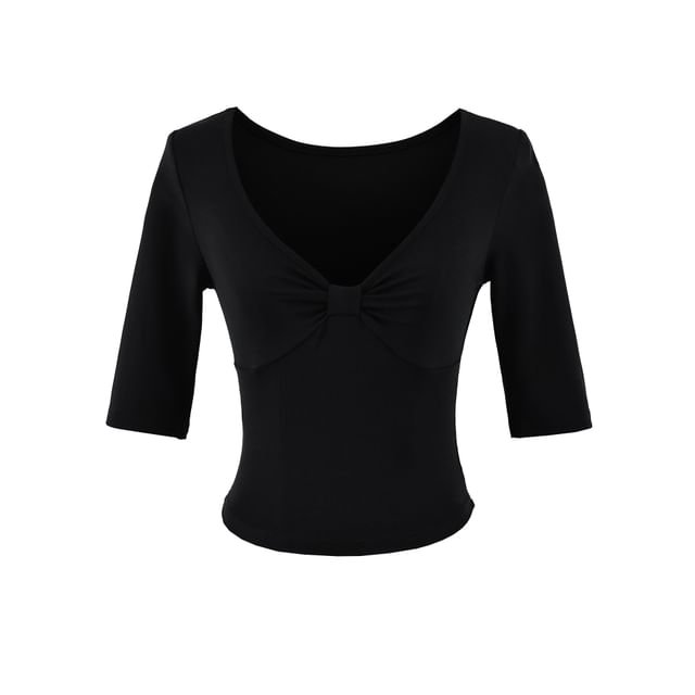 Ruched Elbow-Sleeve V-Neck Crop Tee