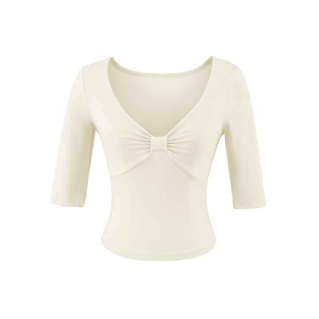 Ruched Elbow-Sleeve V-Neck Crop Tee