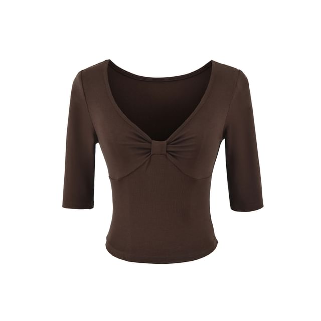 Ruched Elbow-Sleeve V-Neck Crop Tee