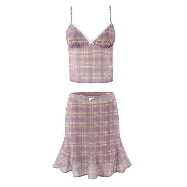 Mermaid Mini Skirt Set: Patterned V-Neck Camisole & High-Waist