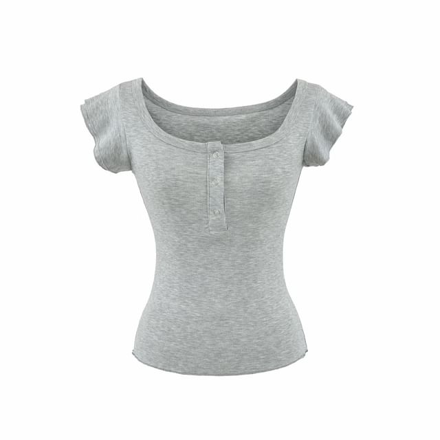 Square Neck Henley Cap-Sleeve Tee