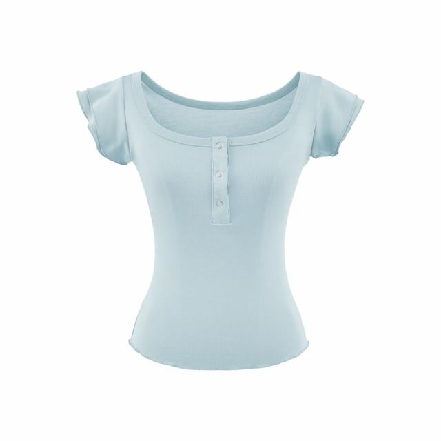 Square Neck Henley Cap-Sleeve Tee
