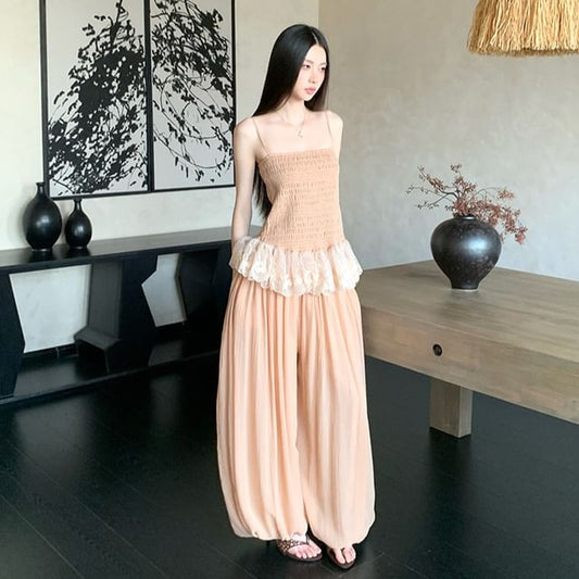 Smocked Peplum Lace Camisole & High-Waist Baggy Pants