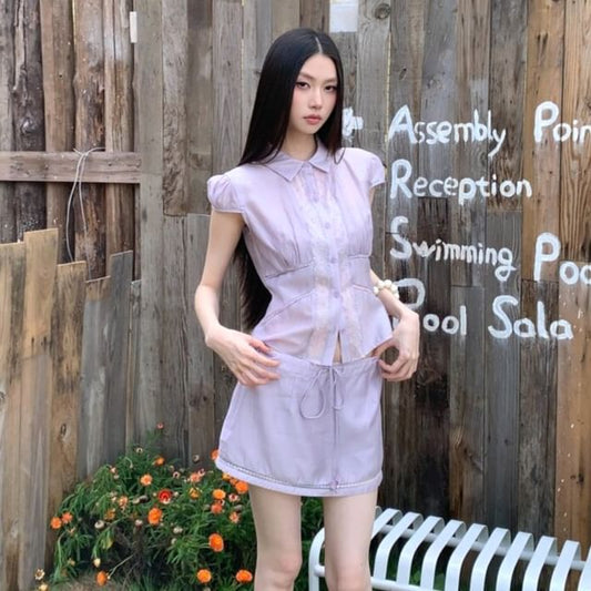 Sheer Panel Cap-Sleeve Crop Blouse & Drawstring Mini Pencil Skirt