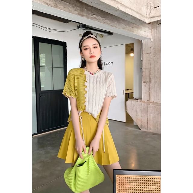 Two-Tone Perforated Knit Mini Tee & High-Waist Pleated Skort