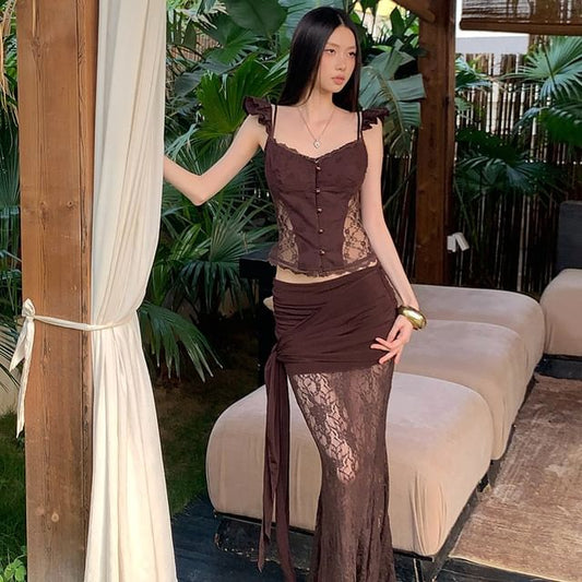 Lace Panel Slim Crop Camisole & Ruched Mermaid Maxi Skirt