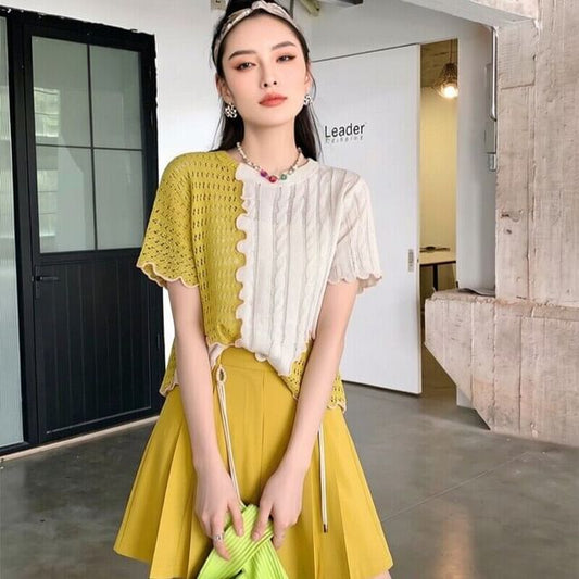 Two-Tone Perforated Knit Mini Tee & High-Waist Pleated Skort