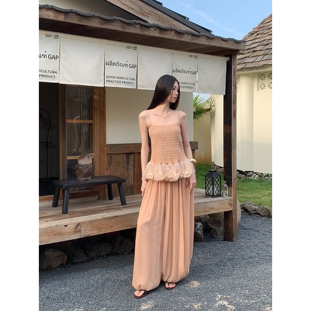 Smocked Peplum Lace Camisole & High-Waist Baggy Pants