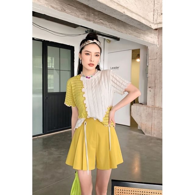 Two-Tone Perforated Knit Mini Tee & High-Waist Pleated Skort