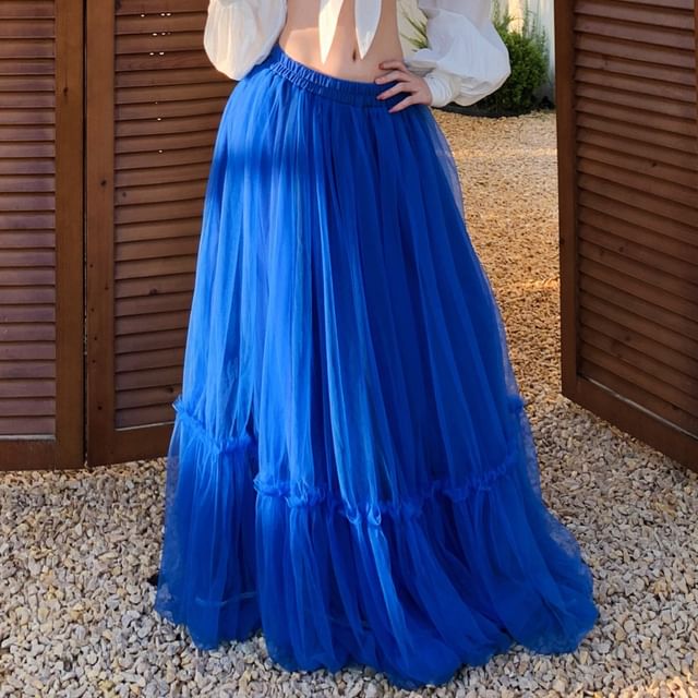 Tie Front Collared Long-Sleeve Blouse & Frill Trim Maxi Skirt