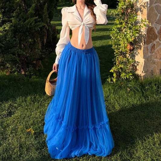 Tie Front Collared Long-Sleeve Blouse & Frill Trim Maxi Skirt