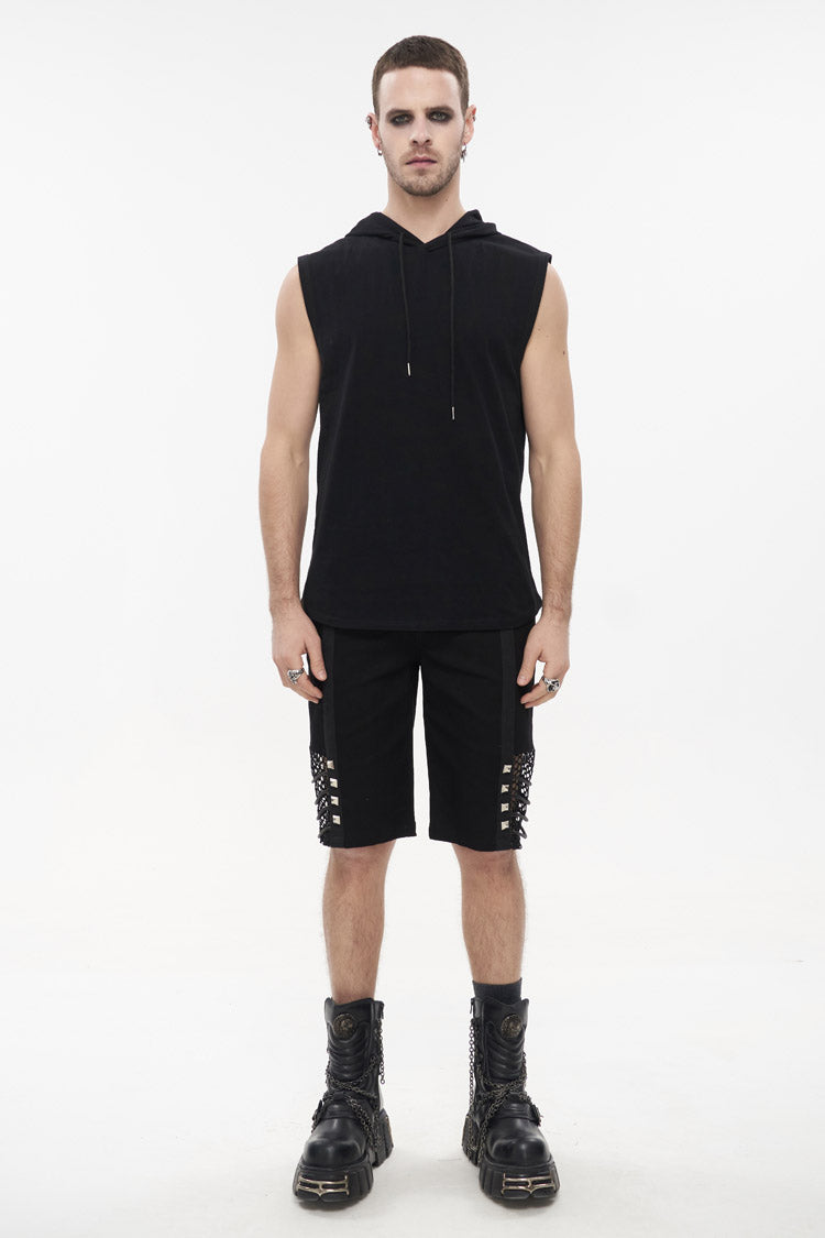 Men's Punk Sleeveless Hooded Tank Top in Irregular Black Knit Design