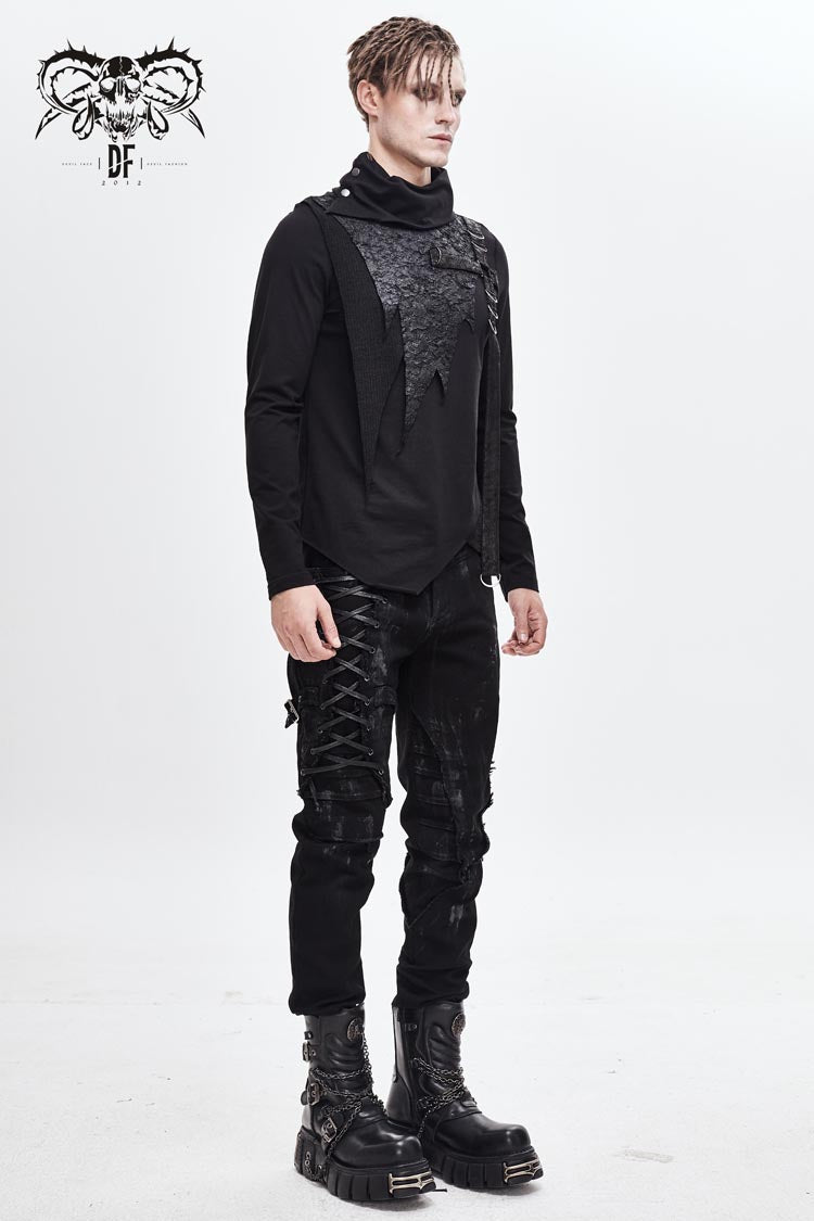 Men's Punk Tee with Cross Clasp and Asymmetric Hem - Noir