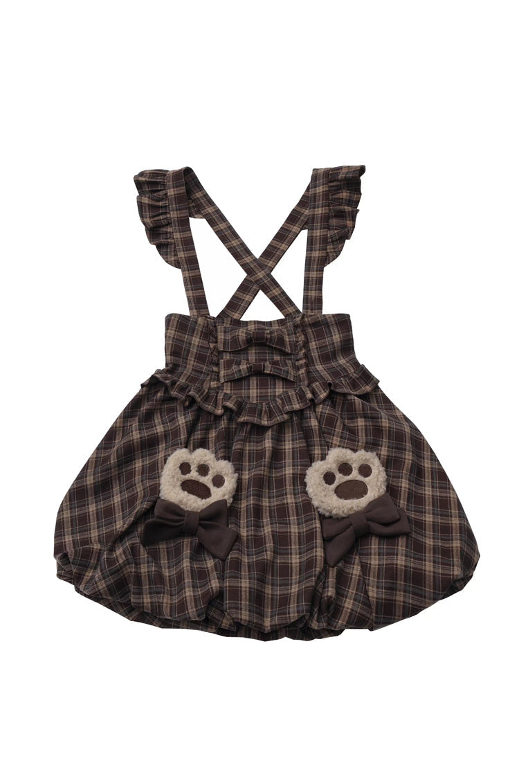 Chocolate Plaid Ruffle Bow Strap Dress - Fluffy Little Bear