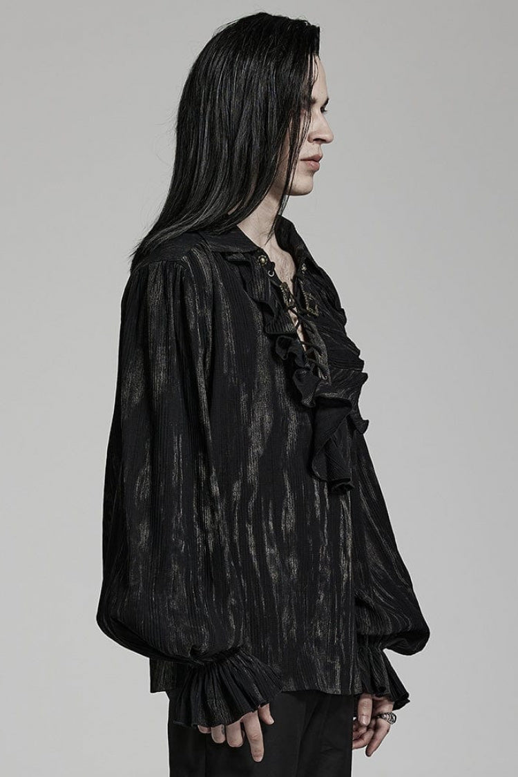 Gothic Men's Blouse with Lantern Sleeves and Ruffled V-Neck - Two Tones