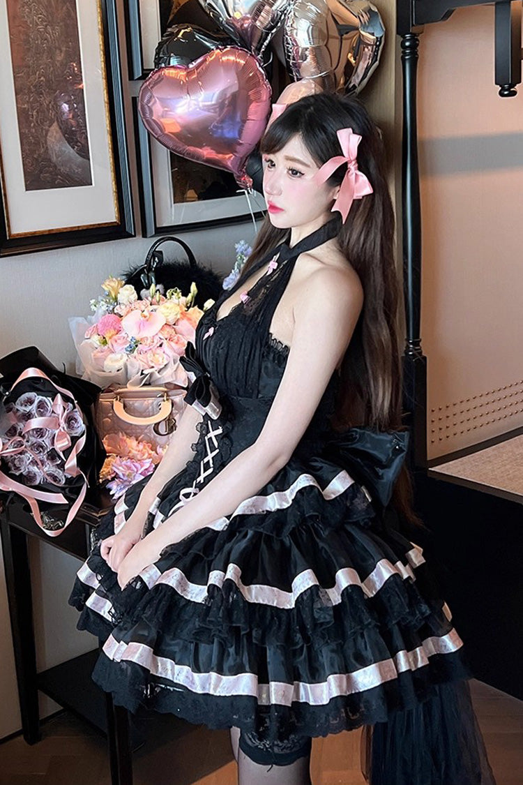 Halterneck Triple-Layered Ruffle Bow Sweet Lolita Dress - Ballet Dream